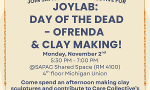 JoyLab! Ofrenda Clay Making Event Flier. Orange flowers create a page boarder and illustrations of candles are at the bottom of the page. The Care Collective logo is at the top of the page.