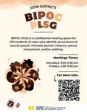 Flier for BIPOC PLSG with information mirroring the information found on this page about this semester's meetings.