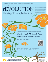 rEVOLUTION Healing Through The Arts event details over background of orange flowers with winding roots and stems