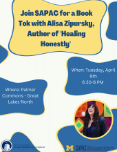 Text reading "Join SAPAC for a Book Tok with Alisa Zipursky, Author of "Healing Honestly" over a background with rounded shapes and overlapping edges.