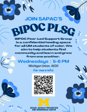 BIPOC PLSG Fall 2024 flier that shared the information found on this page over a blue background with flowers surround border.