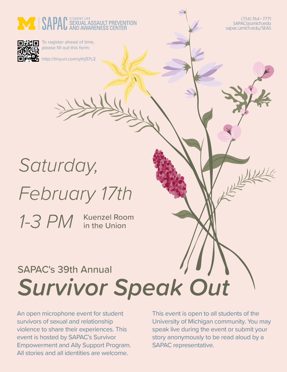 Flier with bouquet of wild flowers with text around it sharing details that mirror the details of Speak Out found on this page.