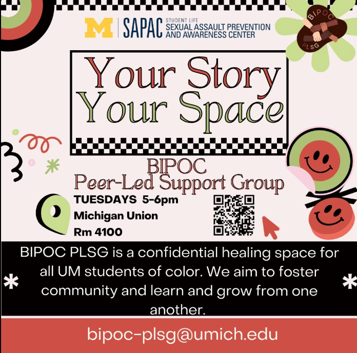 BIPOC PLSG Winter 2025 flier that shared the information found on this page over a peach background with various shapes decorating the empty space. the