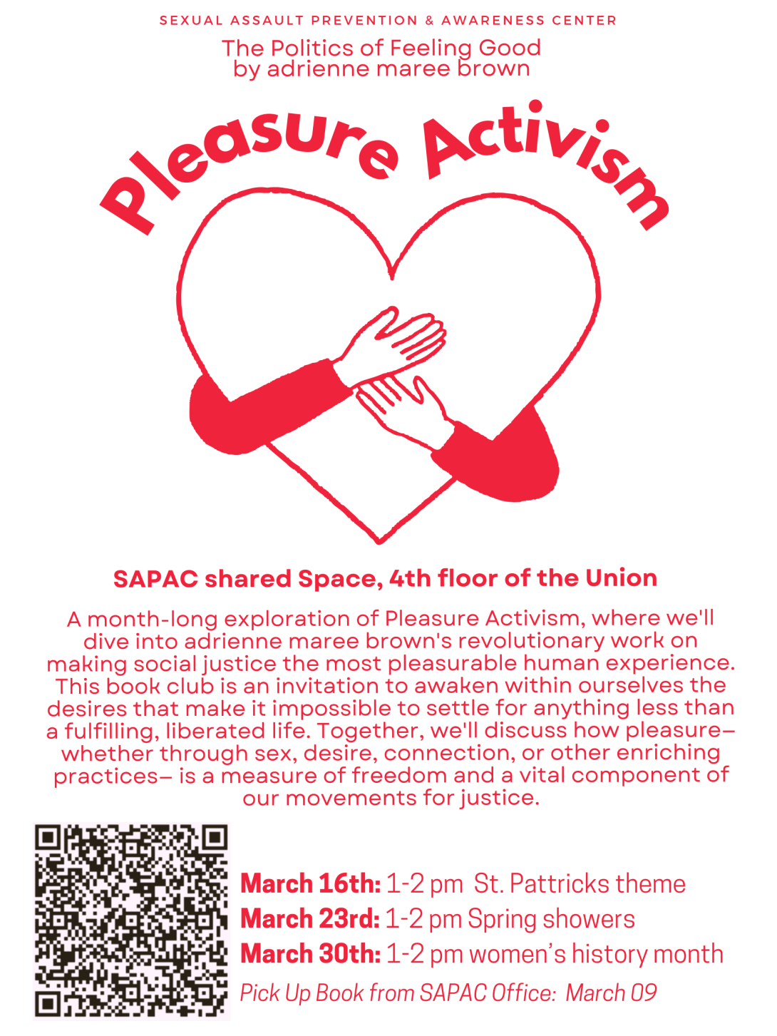 Image of a heart being hugged by arms from behind under text stating "Pleasure Activism"