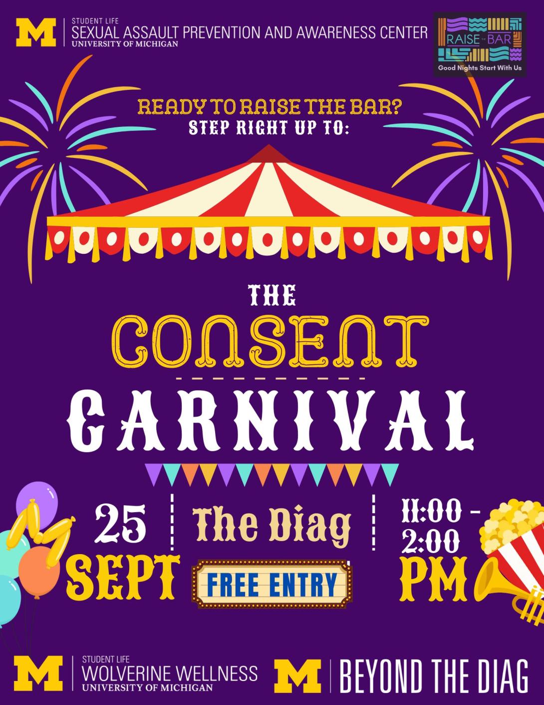 Flier for the Consent Carnival with a circus tent graphic over text stating "Ready to Raise the Bar? Step Right Up"